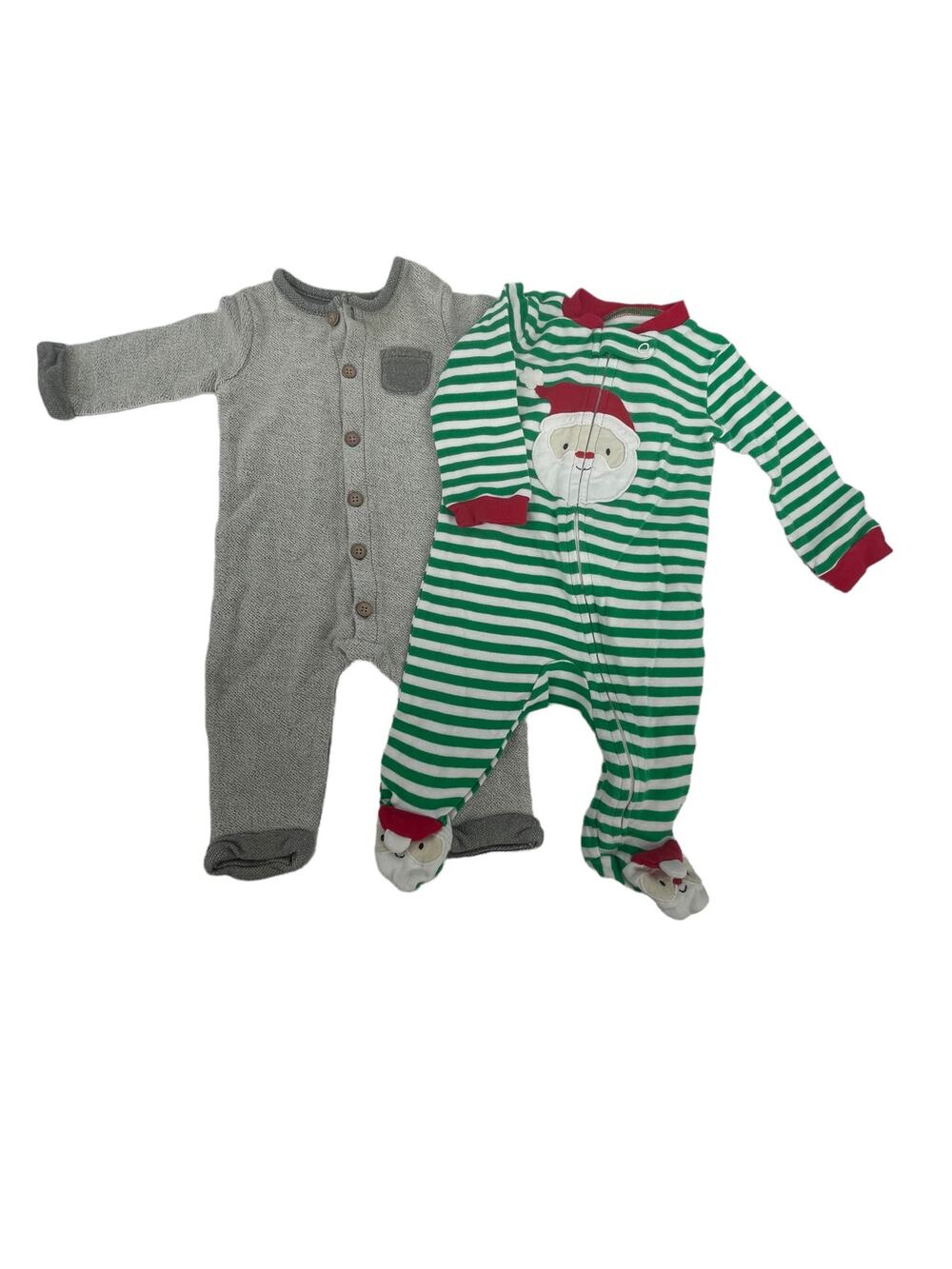 Carter's Lot of 2 Santa Clause Green & Gray One Piece Sleepwear Baby 6 Months